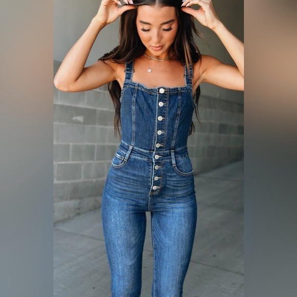 Button Up Denim Overalls Flare Jumpsuit Jumper - Picture 5 of 8